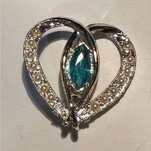 Vintage Gold-tone Heart Pendant with Teal Marquise Stone and Pearl Accents-1 1/2